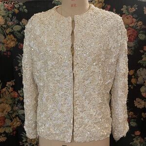 Vintage 1960s Bridal Evening Cream White Iridescent Sequin Jacket MEDIUM